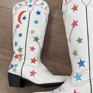 Colorful Star Embellished White Cowboy Boots